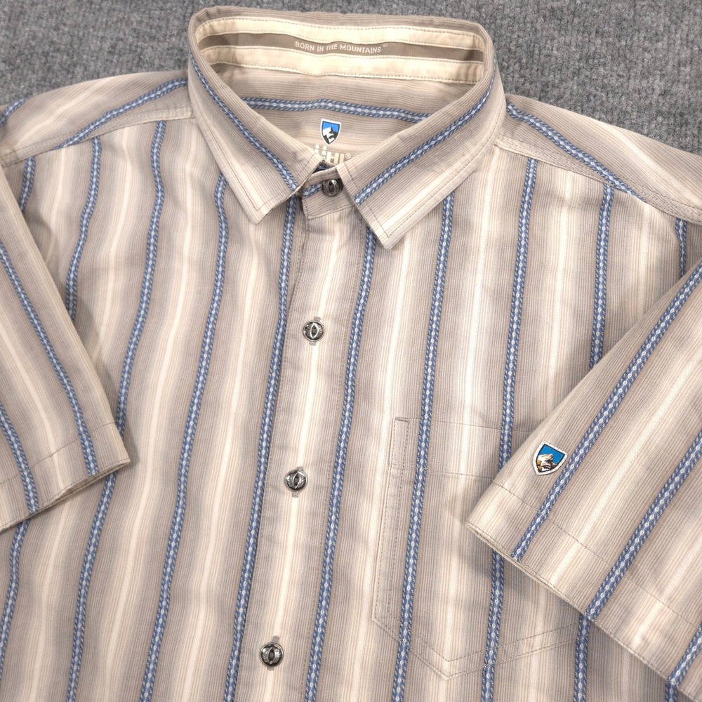 Kuhl The Bohemian Shirt Mens M Gray Blue Striped Southwestern Outdoor Button Up